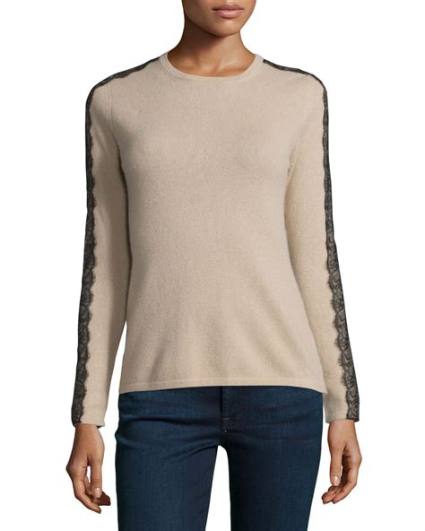 Neiman Marcus Cashmere Collection Long Sleeve Crewneck Cashmere Sweater W Lace Trim Neiman Marcus