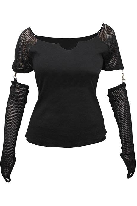Bllack Cotton Ladies Gothic Top With Detachablesexy Long Black Mesh