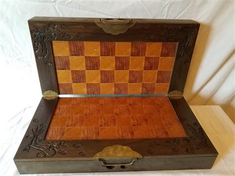 Lot 40 Beautiful Hand Carved Wood Chess Set Asian Theme Box With