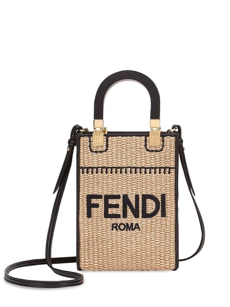 Fendi Sunshine Mini Embroidered Straw Tote Crossbody Bag In Neutrals