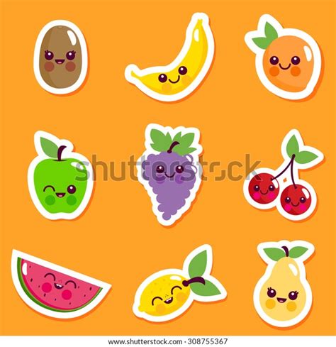 Cute Cartoon Fruit Characters Sticker Set Stock Vector Royalty Free