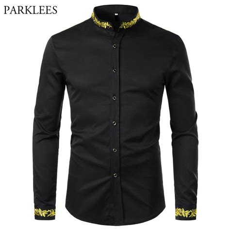 Wholesale Style2 Black Gold Embroidery Shirt Men Spring New Mens Dress
