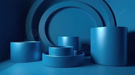 An Empty Blue Cylinder Podium With Geometric Abstract Form 3d Rendered