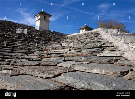 Greece Macedonia Pilio Stone Roof Tiles And Chimneys Stock Photo Alamy