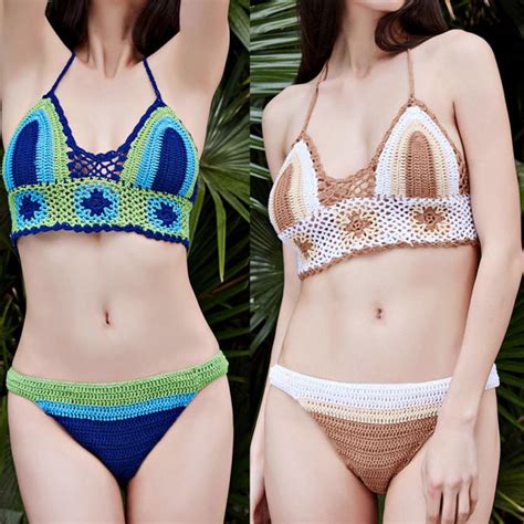 2017 womens handmade crochet knit beach swimsuit knitted bikini swimwear set youthful own store