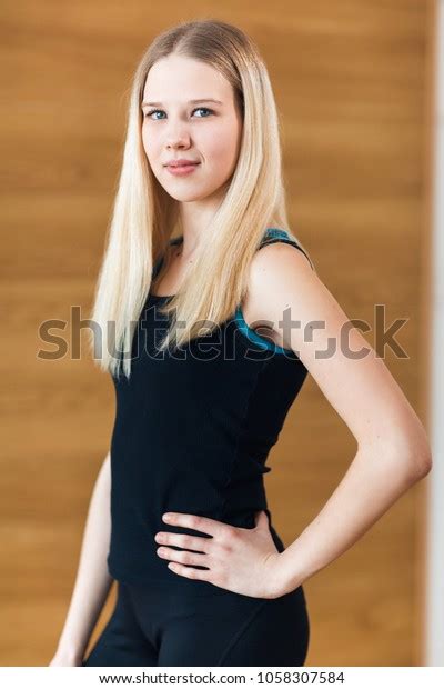 Portrait Positivity Pretty Blonde Girl Black Stock Photo 1058307584