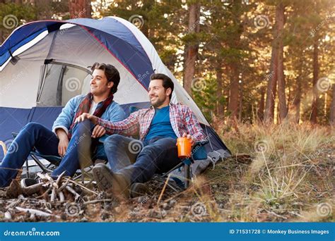 Male Gay Couple On Autumn Camping Trip Stock Photo Image Of Fall