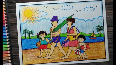 How To Draw Scenery Of Summer Vacation L Summer Beach Scenery Drawing