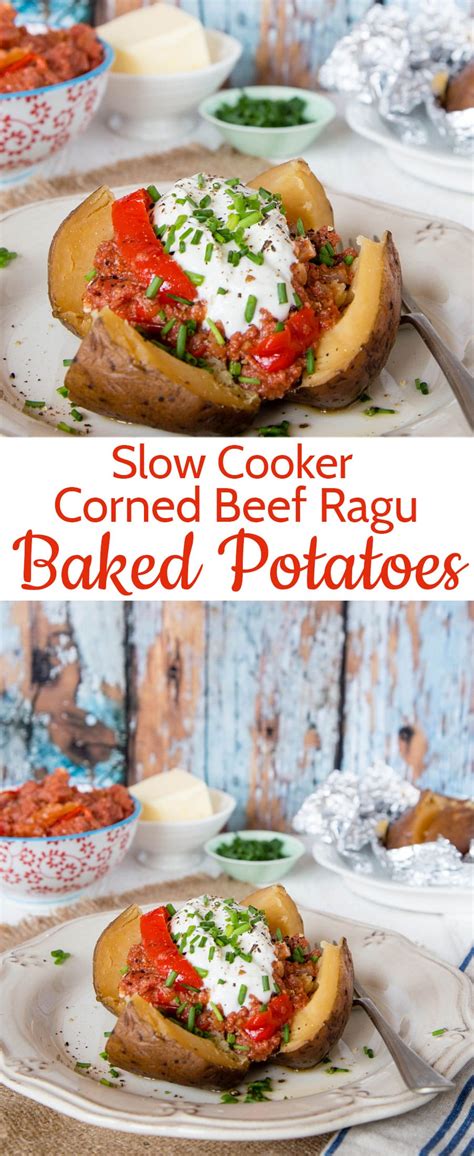 Our slow cooker corned beef and cabbage, a.k.a., new england boiled dinner, features a spicy brisket with cabbage, carrots, and potatoes. Slow Cooker Baked Potatoes with Corned Beef Ragu