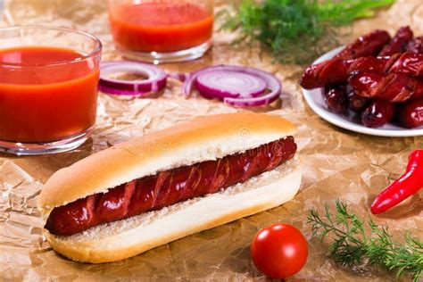 Barbecue Grilled Hot Dog In Plain Bun Stock Photo Image Of Sesame