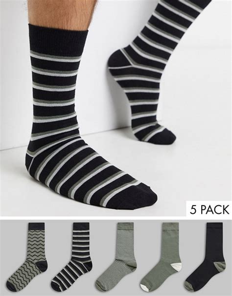 New Look Stripe 5 Pack Socks In Dark Khaki Asos