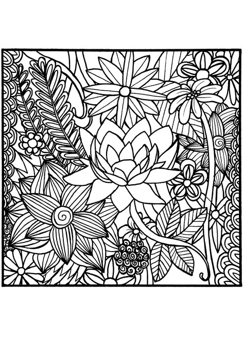 Flowers detailed printable coloring page. Flowers in a square - Flowers Adult Coloring Pages