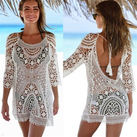 New Beach Cover Up Crochet White Swimwear Dress Bathing Suit Sexy Hollow Out Backless Cover