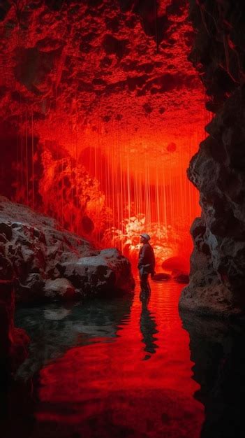 Premium Ai Image A Man Stands In A Cave With Red Lights On The Walls