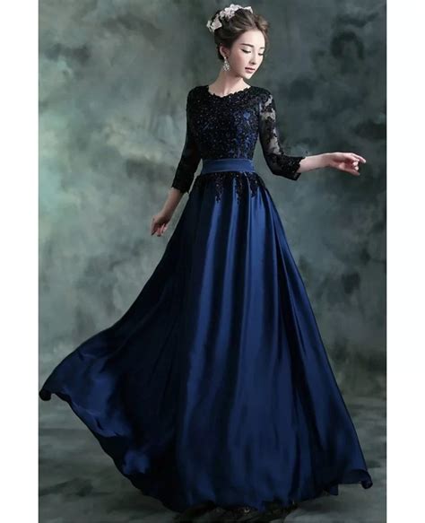 Navy Blue Long Formal Evening Dress With 34 Lace Beaded Sleeves