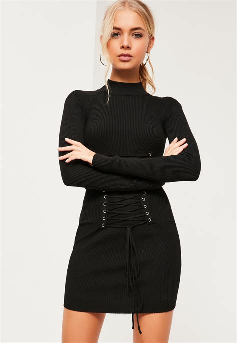 Missguided Black Corset Lace Up Knitted Mini Sweater Dress Mini