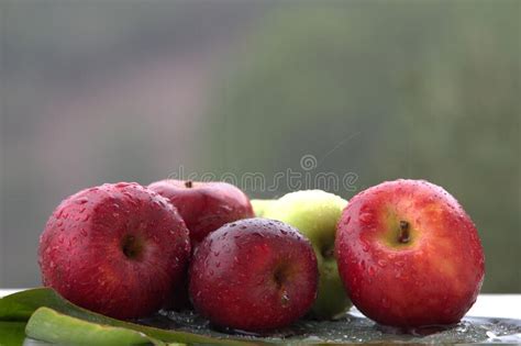 Closeup Shot Of Fresh Apples In The Rain On A Banana Leaf Stock Image