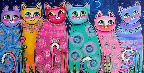 Colorful Cats In The Moonlight Painting Colorful Cats In