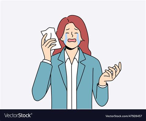 Upset Woman Crying Wiping Tears With Paper Napkin Vector Image