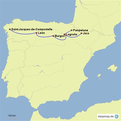 Camiño de santiago) wird eine anzahl von pilgerwegen durch europa bezeichnet. StepMap - Jakobsweg Spanien - Landkarte für Spanien