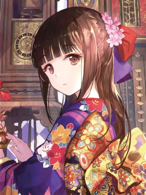 Download 1536x2048 Anime Girl Kimono Brown Hair Clocks