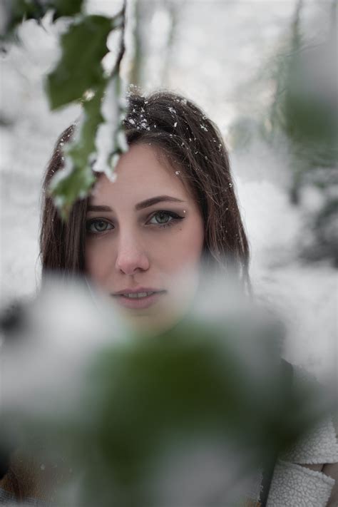 Female Girl Model Winter Snow Trees Leaves Nature Portrait A