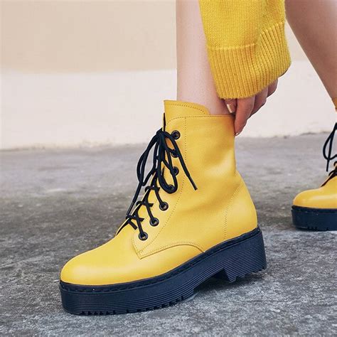 Ymechic Fashion Yellow Real Leather Platform Womens Boots Ankle Rock