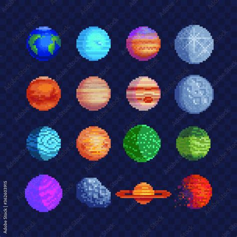 Planets Pixel Art Set 80s Video Game Sprites Solar System Objects