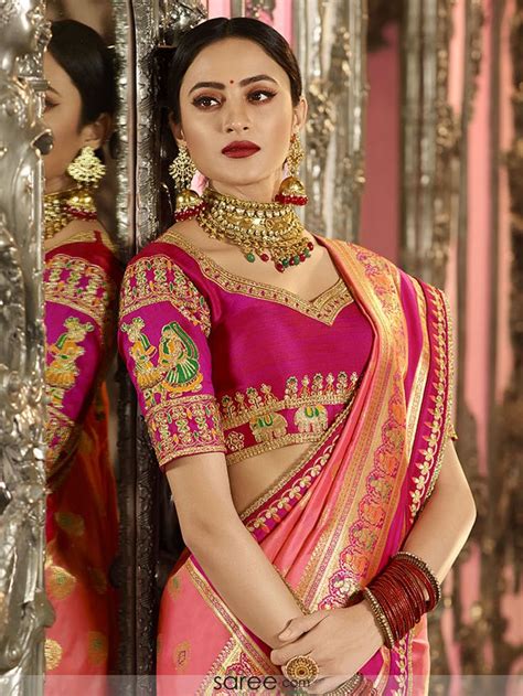 Pink Silk Embroidered Blouse Design With Elephant Motif Wedding Saree