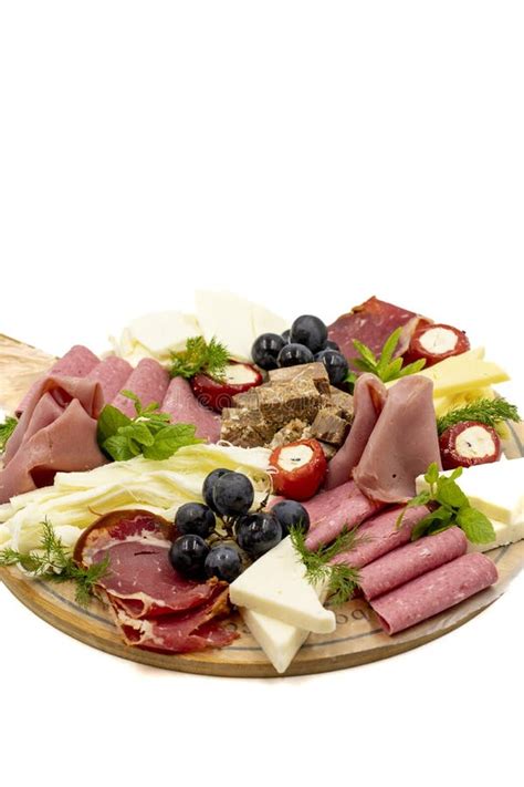 Cold Smoked Meat Plate Antipasto Set Platter Wooden Plate Stock Image