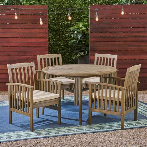 Frederic Outdoor 5 Piece Acacia Wood 47 Round Dining Set With Straight