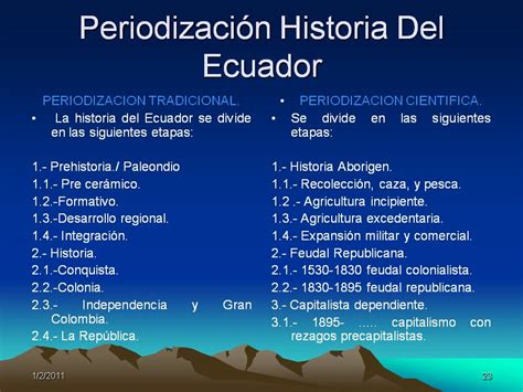 The history can be divided into six eras: Ecuador Histórico: Periodización Historia Ecuador