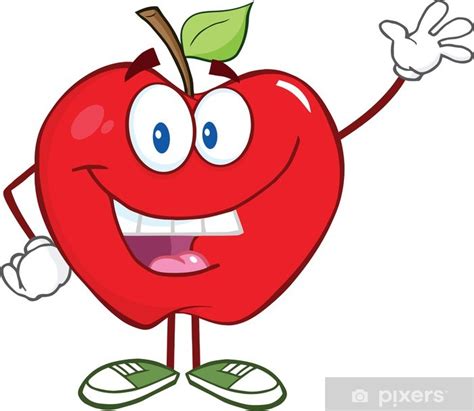 Poster Smiling Apple Cartoon Mascot Character Waving For Greeting