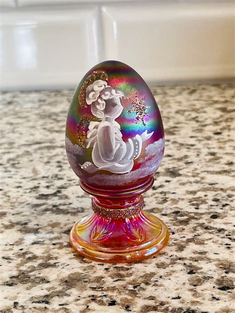 Fenton Art Carnival Glass Egg 1995 Hand Painted By D Barbour Etsy