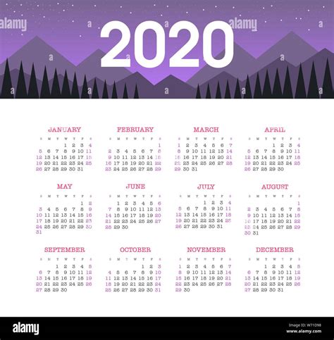 Calendar 2020 Year With Mountain Landscape Color Vector Template Week