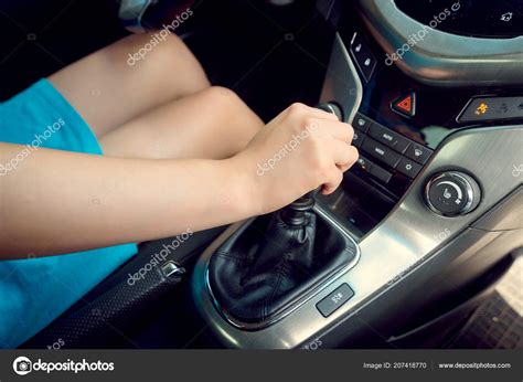Close Young Woman Shifting Gears Gearbox Driving Car Closeup Female