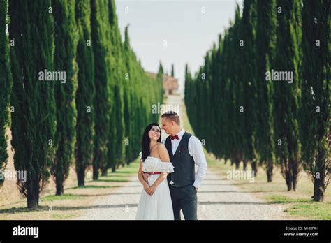happy stylish smiling couple walking and kissing in tuscany italy on their wedding day stock