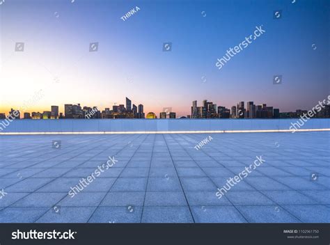 Empty Marble Floor Panoramic City Skyline Stock Photo 1102961750