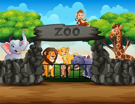 Premium Vector Zoo Entrance Outdoor View With Different Cartoon Animals