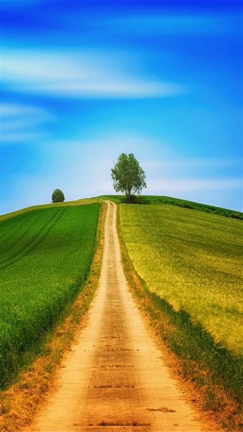 Download Wallpaper 720x1280 Field Grass Summer Road Sky Hill