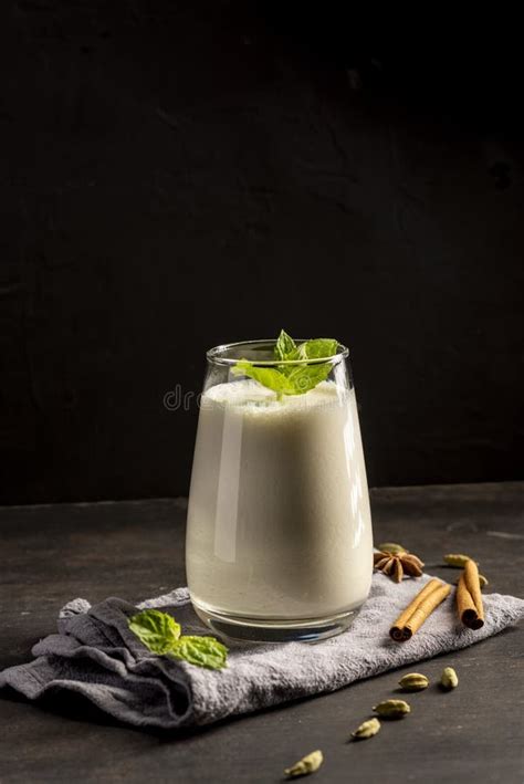 Lassi Lassie Indian Yogurt Drink With Spice On Dark Background Stock