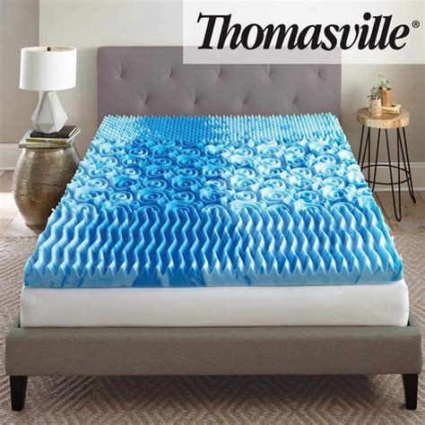 The cooling gel memory foam mattress's firmness level varies based on the mattress height. Thomasville 3" Cool Tri-zone Gel Memory Foam Mattress ...