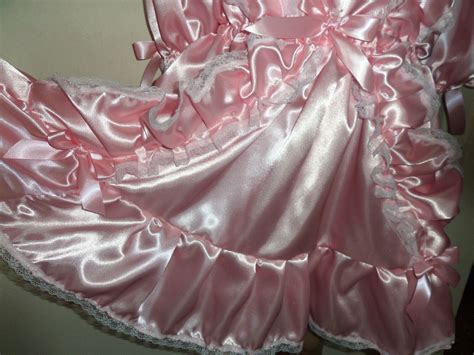 abdl sissy pink satin frilly ruffle dress 46 short puffed sleeves lace trim ebay