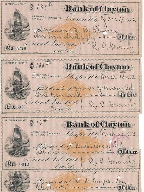 8 Us 1882 Vintage Old Antique Bank Checks Clayton New York Bank Check