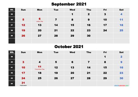September And October 2021 Calendar With Holidays