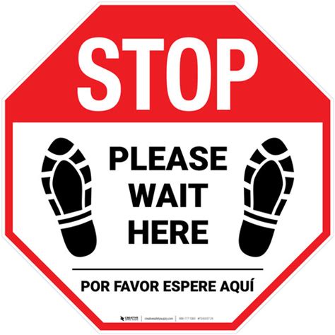 Stop Please Wait Here Bilingual Spanish With Shoe Prints Stop Floor Sign