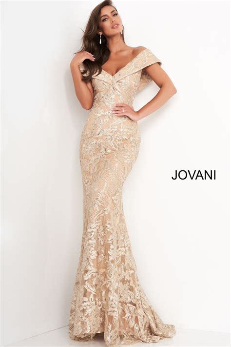 Jovani 02923 Gold Embellished Lace Fitted Evening Dress Lace
