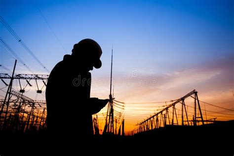 Electricity Workers And Pylon Silhouette Stock Photo Image Of Plant