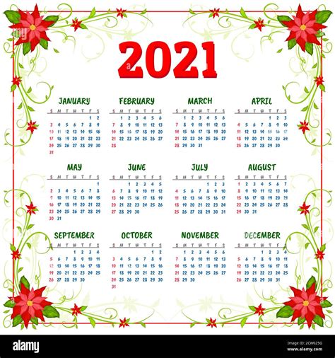 Vector Calendar 2021 Year With Flowers Of Poinsettia Week Starts From