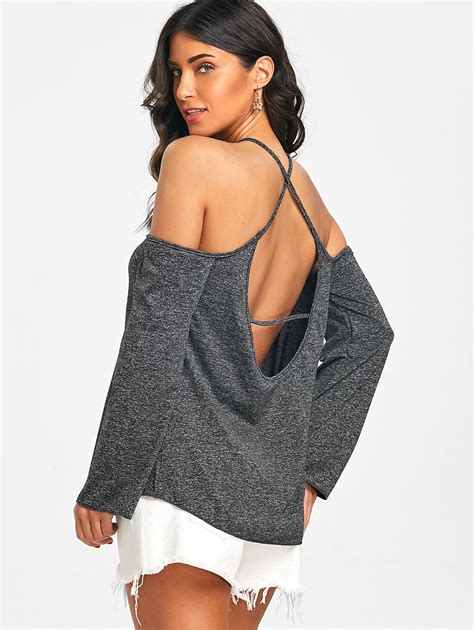 2018 New Spring Heathered Open Shoulder Cross Backless Top Backless Sexy Open Back Long Sleeve